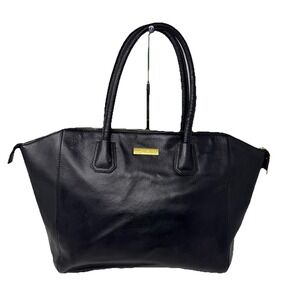 JOY &‎ IMAN Black Faux Leather Large Satchel Tote Shoulder Bag Gold Trim